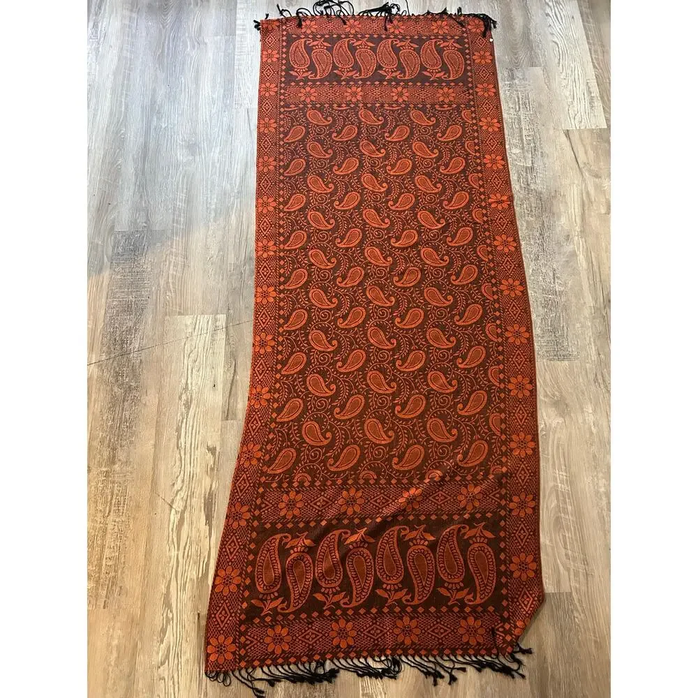 100% Cashmere Paisley Scarf with Fringe in Rust Orange and Brown. 30
